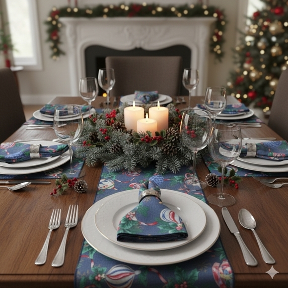 Set of 8 Vintage Christmas Table Napkins Picturing Vintage Christmas Ornaments - Picture 8 of 8